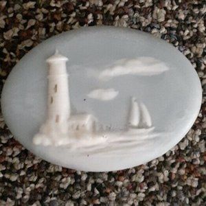Vintage Incolay Soap Stone Light House Jewelry Trinket Box Blue White